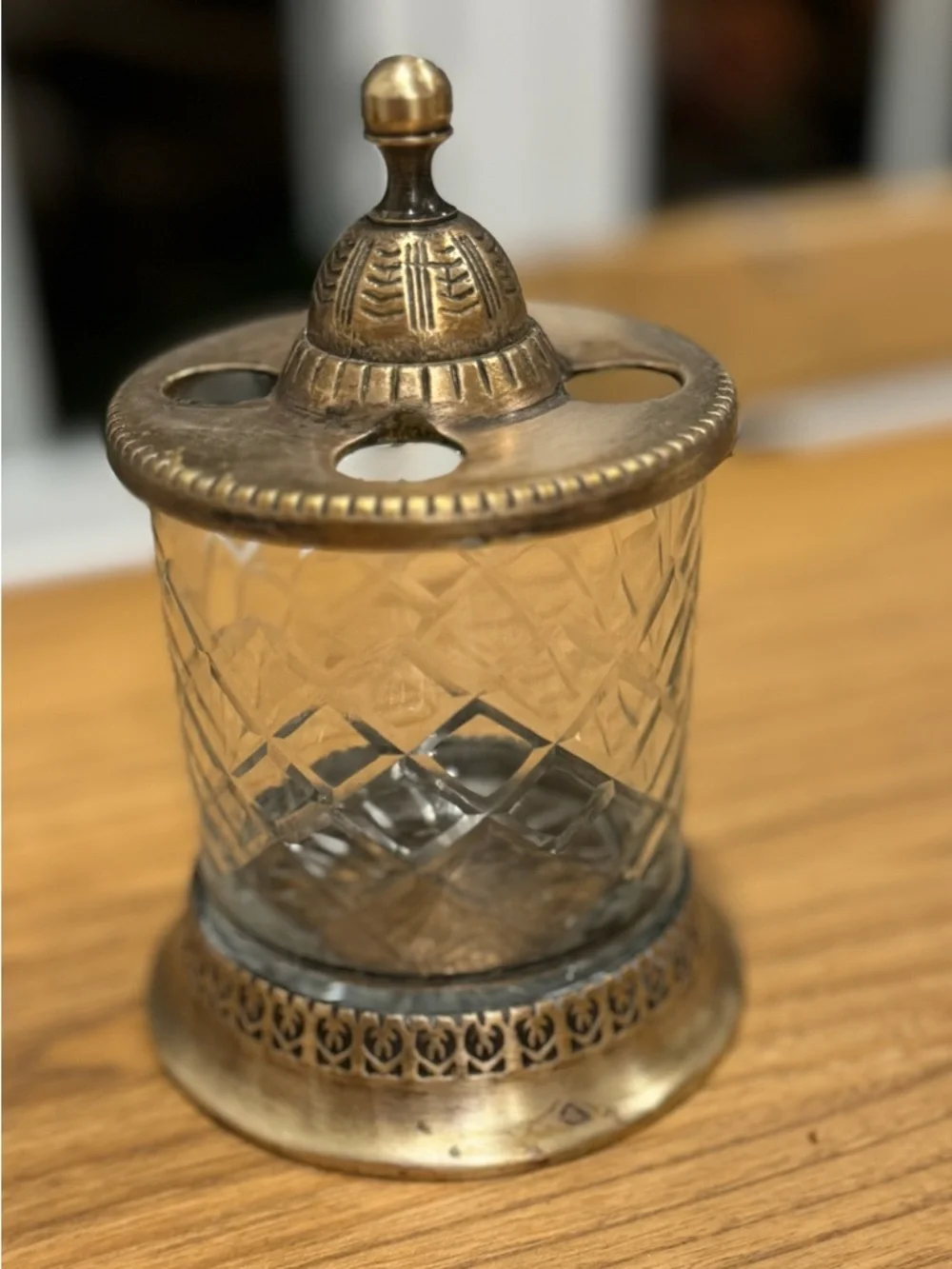 Antique Cut Crystal  Vanity  Toothbrush holder with Ornate Metal Lid